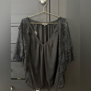 Express Women's Black Blouse with Lace Sleeves